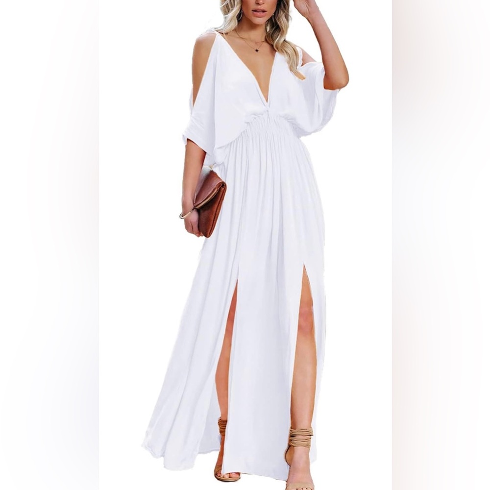 Deep Self White V Neck Maxi Dress Two Slits